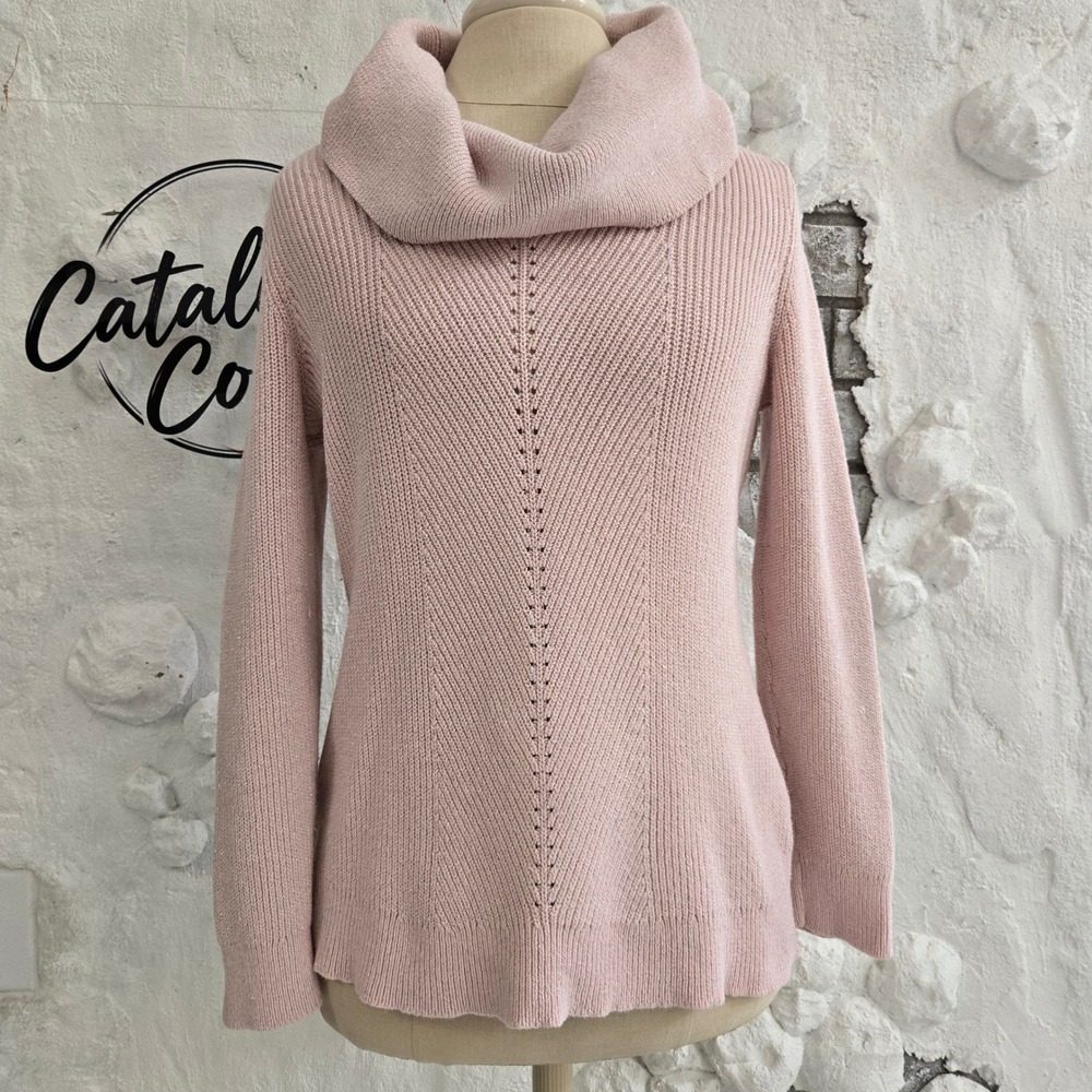 Chicos Pink Metallic Shimmer Cowl Neck Chevron Ribbed Pointelle Sz S Winter Fall